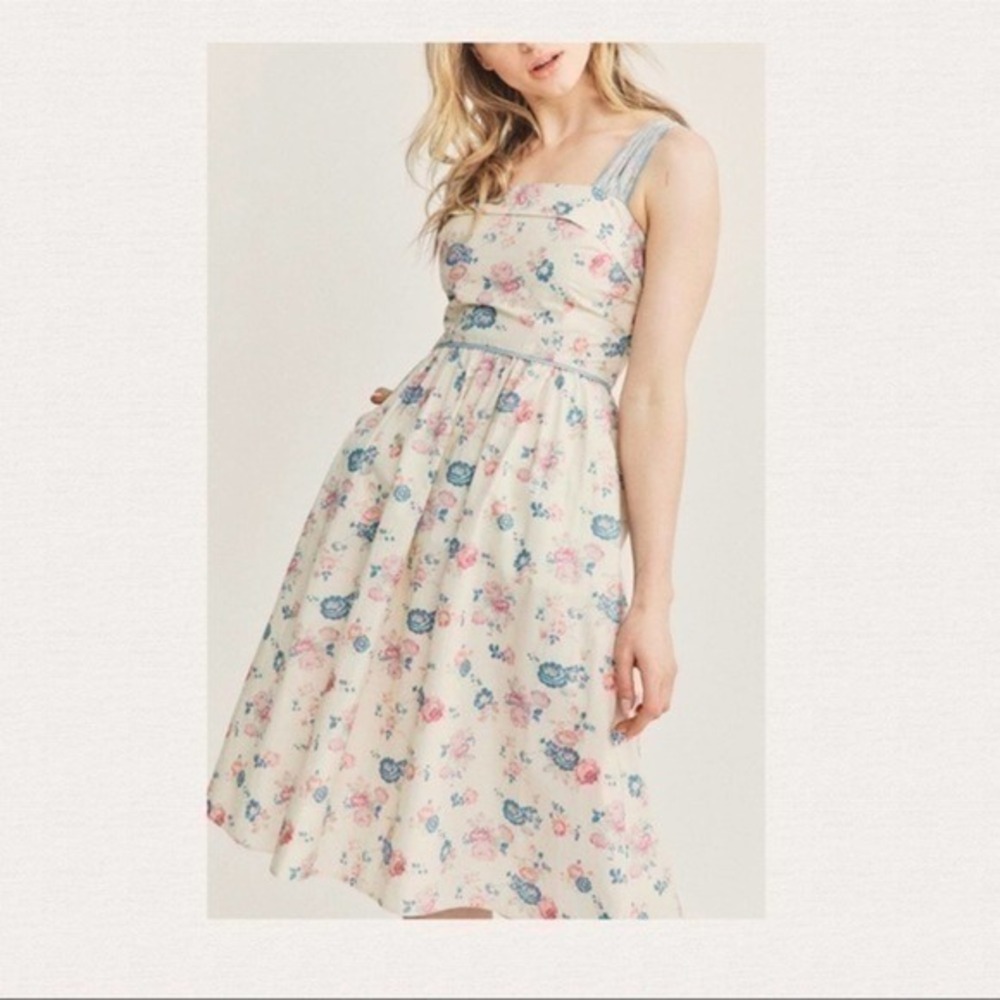 LoveShackFancy Carmine Floral Midi Dress Pastel Lemon Blueberry NWT 8